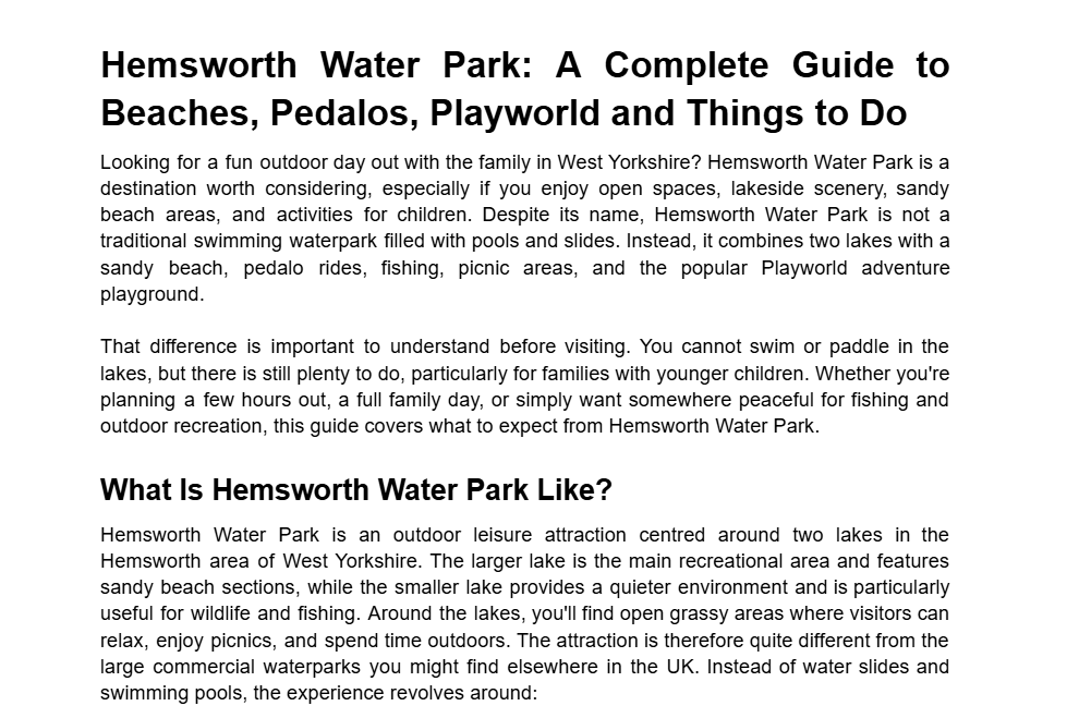 Sample article: Hemsworth Water Park complete visitor guide
