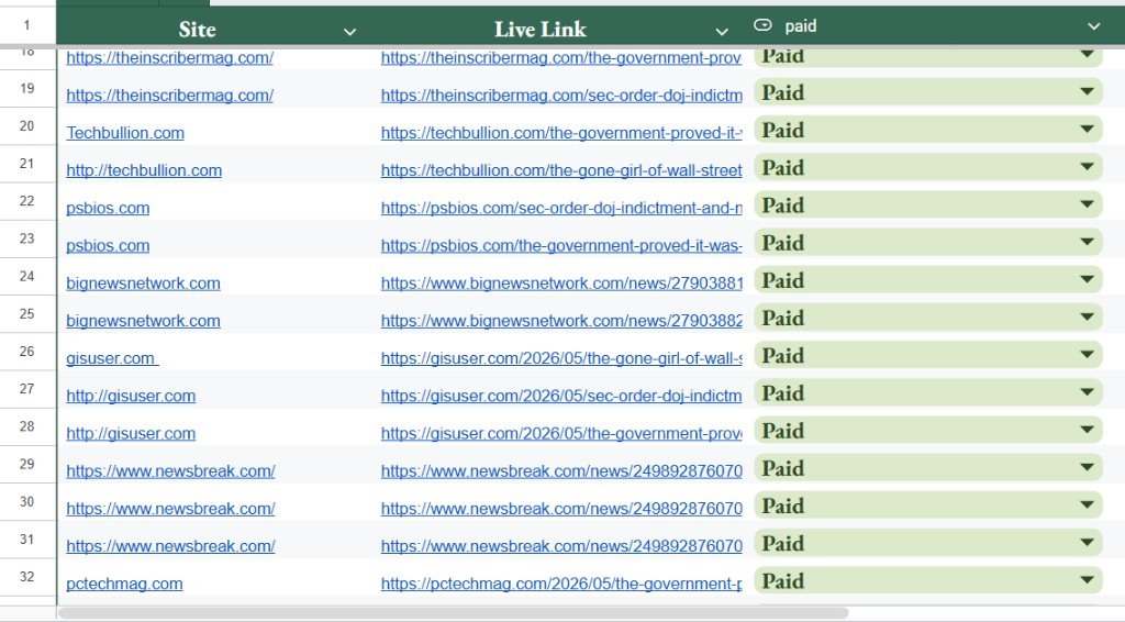Link building delivery sheet continued with more live placements