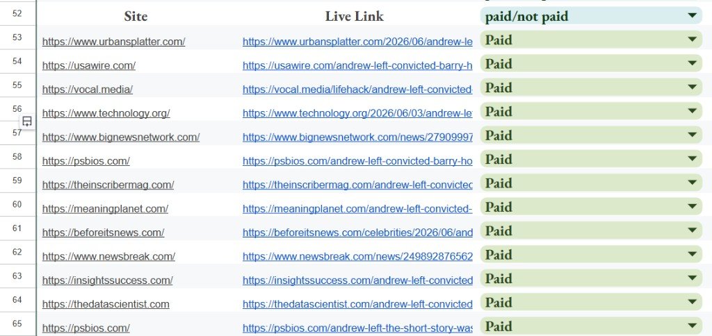 Link building delivery sheet continued: more live backlink URLs marked paid