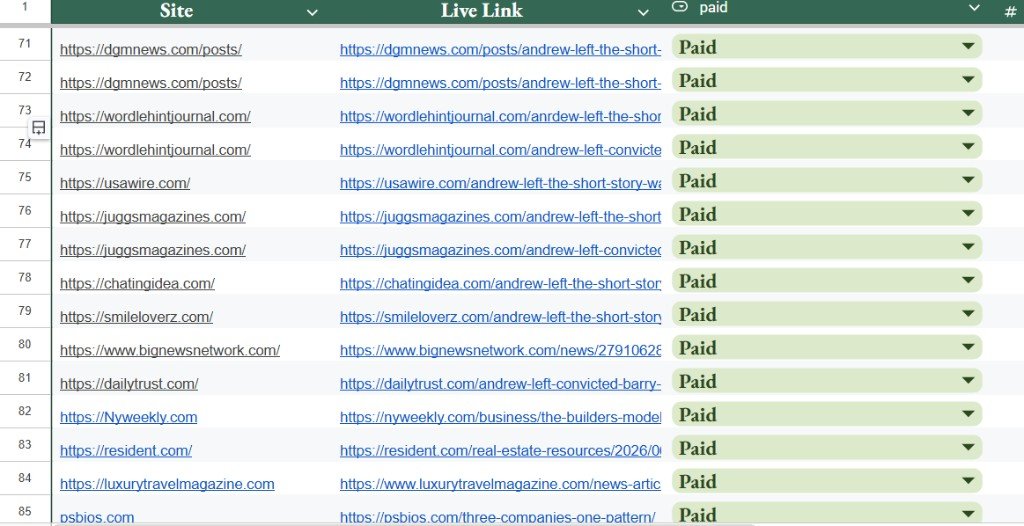 Link building delivery sheet continued: additional live placements across media sites